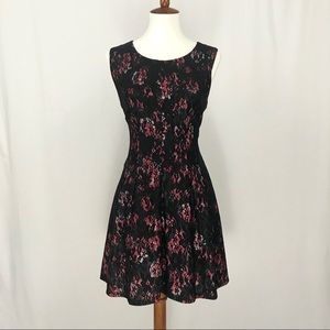 Black Lace Rose Print Fit and Flare Dress